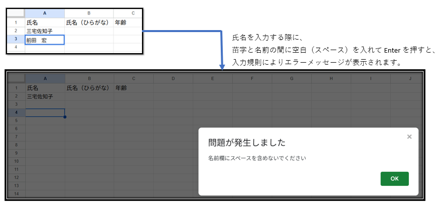 Googleスプレッドシートで名前欄にスペースを含む入力を禁止したときの動作イメージ